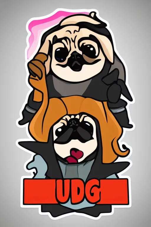 Image similar to Pug as a evil killer, sticker, colorful, illustration, highly detailed, simple, smooth and clean vector curves, no jagged lines, vector art, smooth