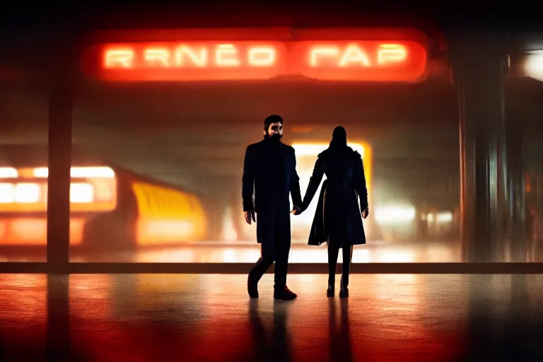 Image similar to film still of closeup beautiful model indian couple in blade runner 2 0 4 9, train station, cinematic, moody, gritty neon noir by emmanuel lubezki