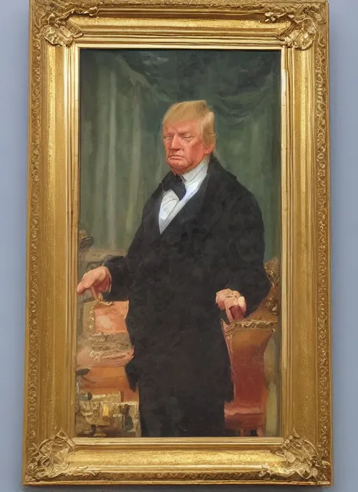Prompt: portrait of the united states president, 1 8 6 7, donald trump. standing in the oval office. oil on canvas by william sidney mount, trending on artstation