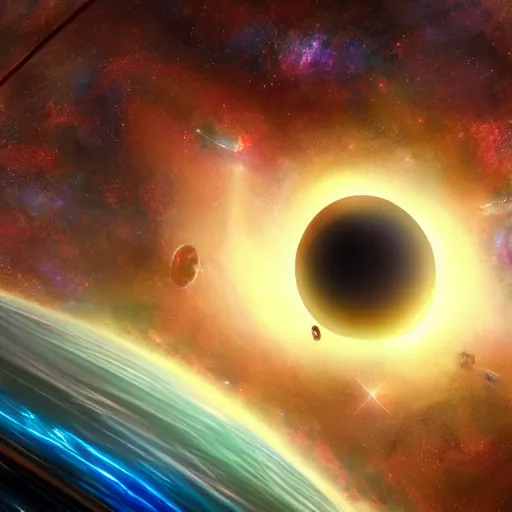 Image similar to glorious 3D black hole in movie, intergalactic, space theme, galaxy colored, hyperdetailed, digital painting, trending on Artstation, cel-shading style, CG society, hyperdetailed, digital painting, hypermaximalist, golden ratio, volumetric, octane render, weta digital, micro details, 3d sculpture