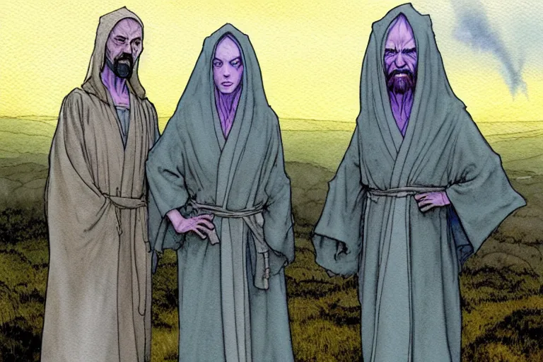 Prompt: a realistic and atmospheric watercolour fantasy character concept art portrait of a three christians wearing robes standing in front of a small fat chibi grey alien. they are emerging from the mist on the moors of ireland at night. a ufo is in the sky. by rebecca guay, michael kaluta, charles vess and jean moebius giraud