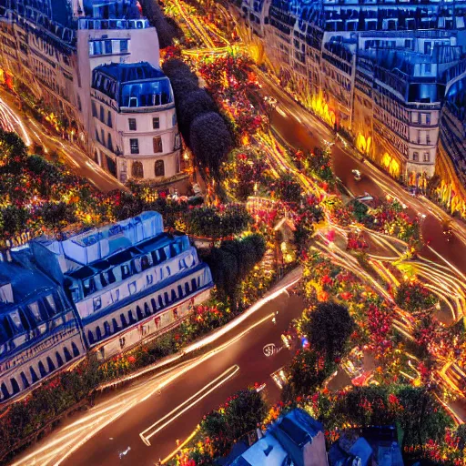 Image similar to an avenue in paris on a christmas night, colorful, aerial view, photorealistic, 8 k