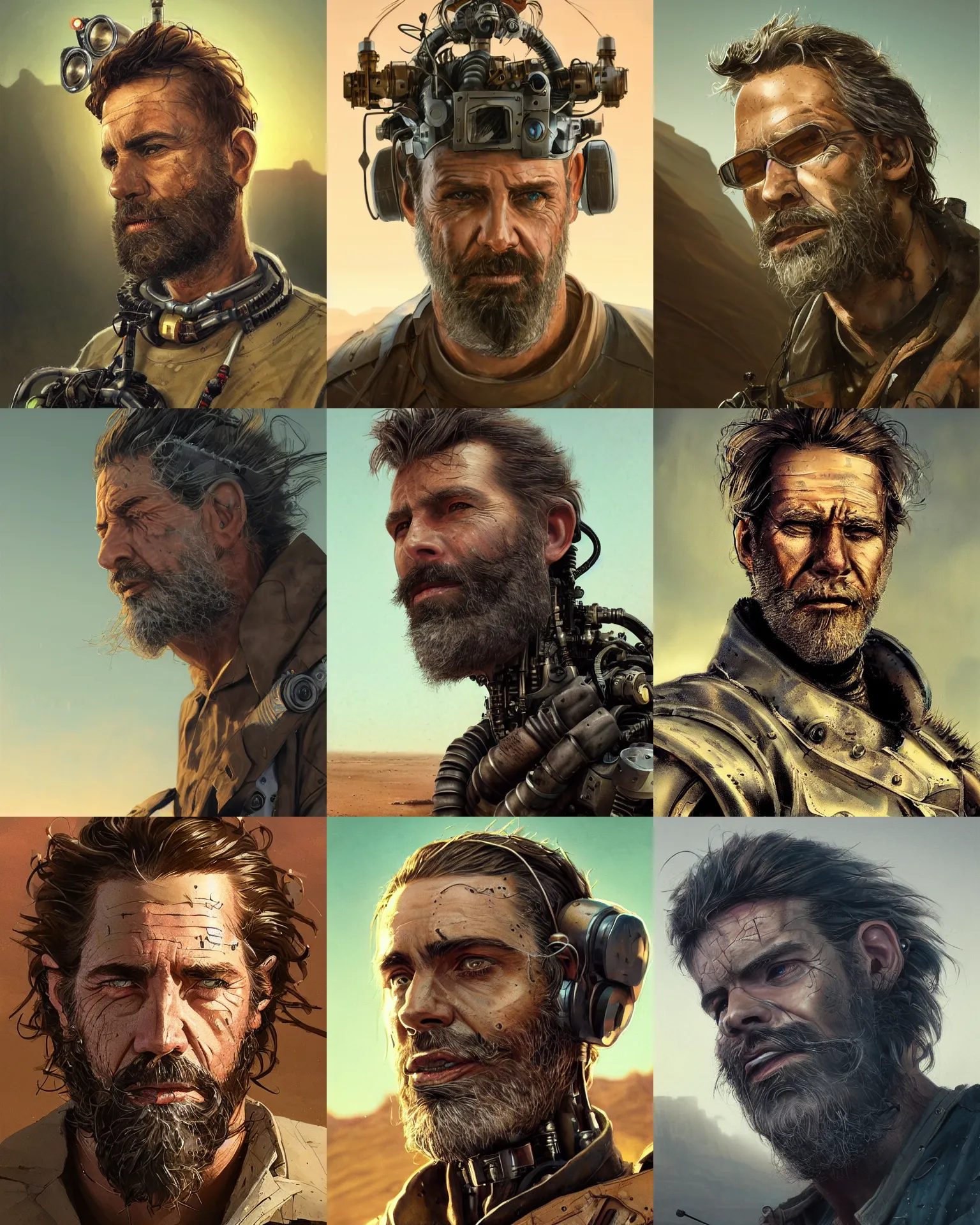 Prompt: a rugged middle aged mechanic man with cybernetic enhancements and unique hair lost in the desert, scifi character portrait by greg rutkowski, esuthio, craig mullins, short beard, green eyes, 1 / 4 headshot, cinematic lighting, dystopian scifi gear, gloomy, profile picture, mechanical, half robot, implants, steampunk