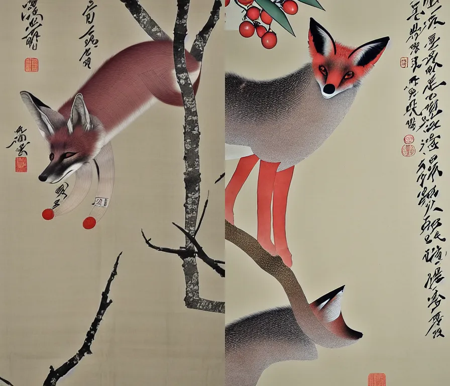 Prompt: pine, plum and grey fox, by Shen Quan, hanging scroll on wall, ink and colour on silk, muted colours, detailed