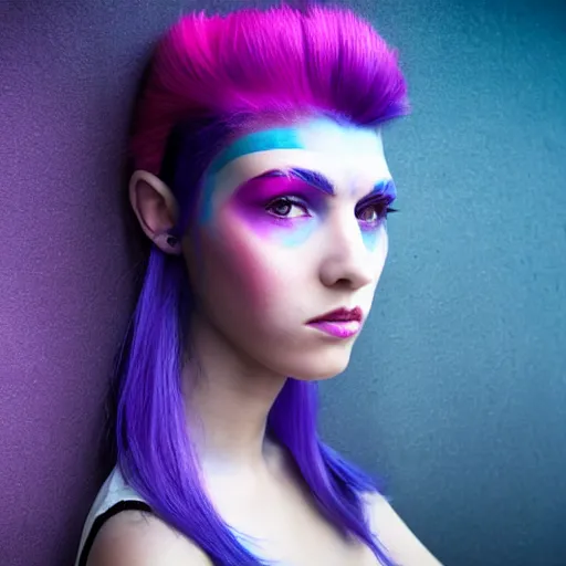 Prompt: a portrait of a pretty cyberpunk girl with pink, purple, blue hair