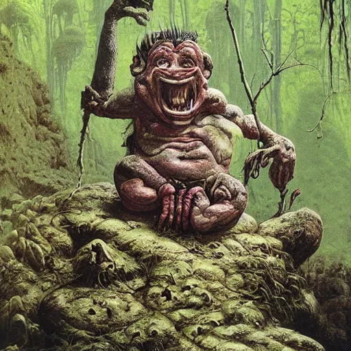 Prompt: a troll on a rock in a forest, bloated, fluid, smooth, organic, crazy, bright, colours, tumours, high contrast, sharpness, dramatic, very detailed, intricate, by giger and corben and moebius and beksinski and bosch and bacon