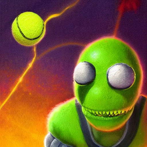 Image similar to a tennis ball monster, tennis ball, dark, chalky, kingdom hearts, digital art, fantasy, magic, trending on artstation, ultra detailed, professional illustration by Basil Gogos