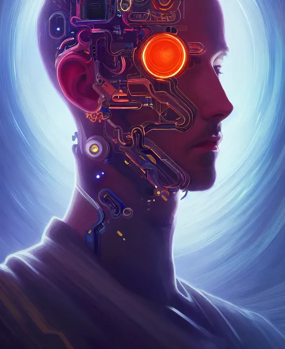 Image similar to a whirlwind inside the metaverse, guy, male, man, hologram, half body, neurochip, android, cyborg, cyberpunk face, by loish, d & d, fantasy, intricate, elegant, highly detailed, colorful, digital painting, artstation, concept art, art by artgerm and greg rutkowski and alphonse mucha