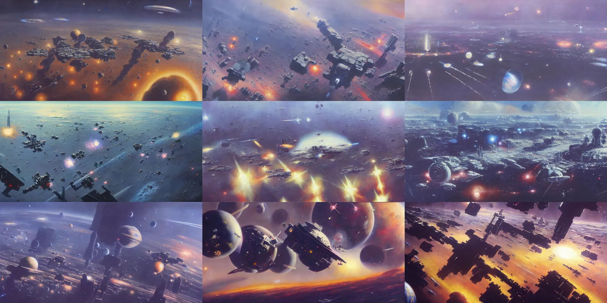 Image similar to a gorgeous painting of the low earth orbit space city under war by john harris. ultra clear detailed. 8 k