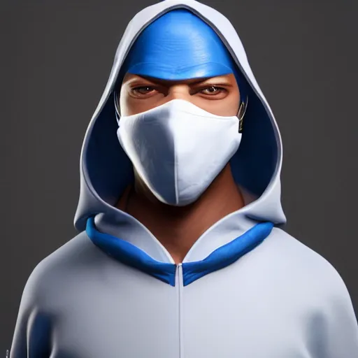 Image similar to a highly detailed, portrait of a man with black hair with a black medical mask, in a hood in the form of a blue shark with white teeth, artstation, DeviantArt, professional, octane render, digital art