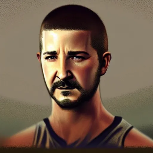 Image similar to A combination of George Eads's and Tristin Mays's and Shia LaBeouf 's faces as Aiden Caldwell character from Dying Light 2 Stay Human, western, D&D, fantasy, intricate, elegant, highly detailed, digital painting, artstation, concept art, matte, sharp focus, illustration, art by Artgerm and Greg Rutkowski and Alphonse Mucha