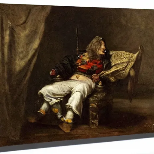 Image similar to a jester slumped over in an armchair, dark lighting, oil painting, by jan matejko