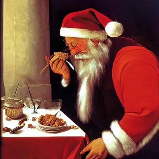 Image similar to Father Christmas eating Turkish Delight. Painted by Caravaggio