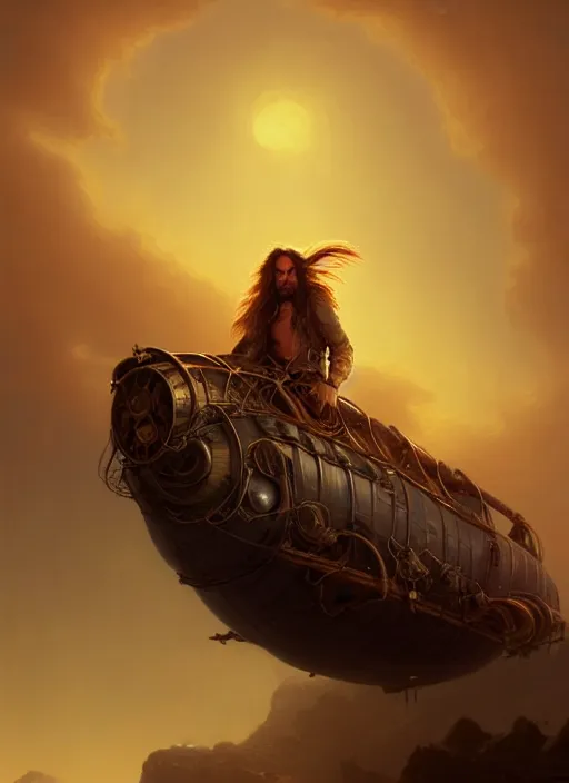 Image similar to portrait painting of a handsome rugged long hair crimson hair male pirate, soft hair steampunk ornate zeppelin blimp airship in the sky sunset golden hour art by raphael lacoste and stephan martiniere greg rutkowski gaston bussiere fantasy soft hair trending on artstation deviantart book cover art concept art key art dramatic volumetric lighting, 4 k, award winning