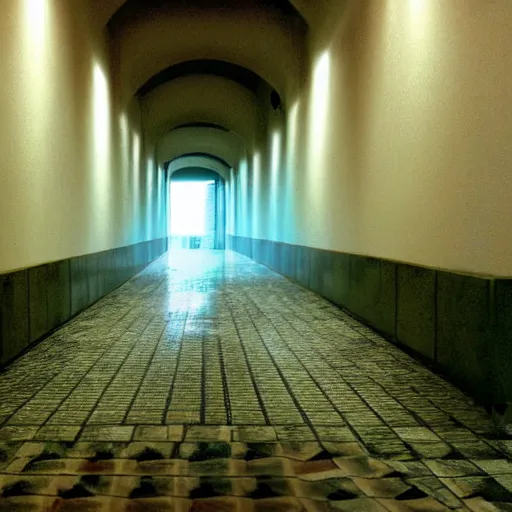 Image similar to Beautiful Fuzzy wide-eye-lens 15mm, harsh flash, cameraphone 2002, Photograph of an tiled infinite foggy foggy foggy liminal pool pool hallway hallway hallway with archways and water on the floor