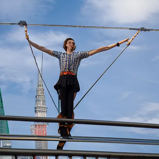 Image similar to tightrope walker above Erasmus bridge, hyperdetailed