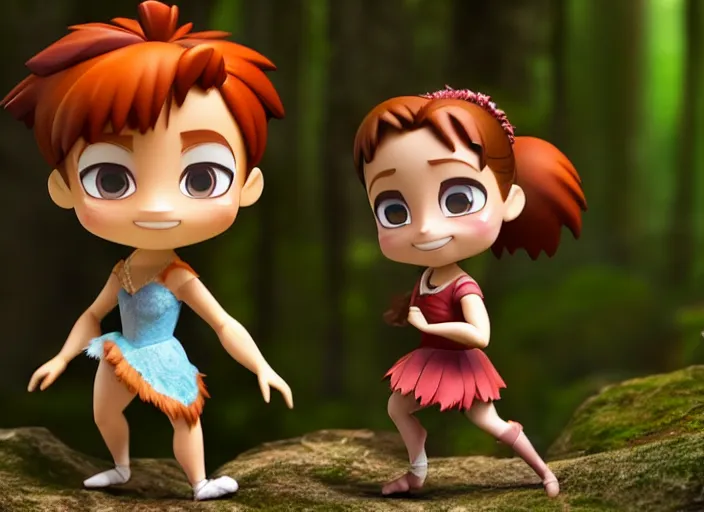 Image similar to redhead prima ballerina as nendoroid walking in a forest in the croods movie style, anime, disney, pixar, 8 k, hd, dof, kodak film, volumetric lighting, subsurface scattering, photorealistic, octane render, details