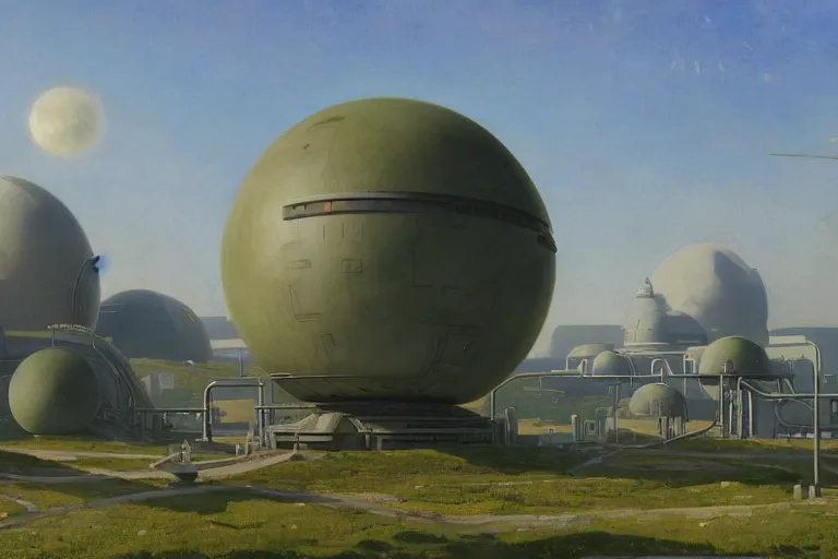 Image similar to an impressive science fiction big factory with a spherical architecture designed by boeing military and star wars with fat cables and pipes, on a beautiful green hill in a the french countryside during spring season, painting by studio ghibli backgrounds and louis remy mignot hd, nice lighting, smooth tiny details, soft and clear shadows, low contrast, perfect