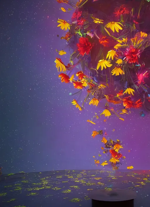 Image similar to An epic fantastic realism comic book style painting of the most beautiful spinning flowers floating into the dark and starry cosmos, exquisite bouquets, fisheye, a star implodes, unreal 5, DAZ, hyperrealistic, octane render, dynamic lighting