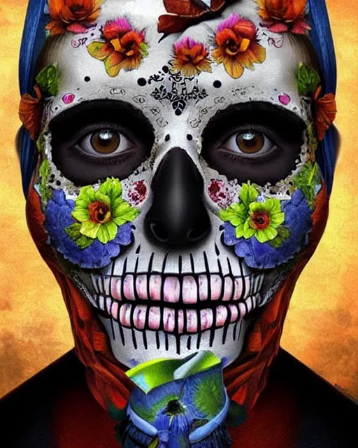 Prompt: dia de los muertos theme surrealist art in the styles of igor morski, jim warren, and osborne macharia, intricate, hyperrealistic, accurate facial details, profile picture with chromakey!!!!! background, volumetric lighting