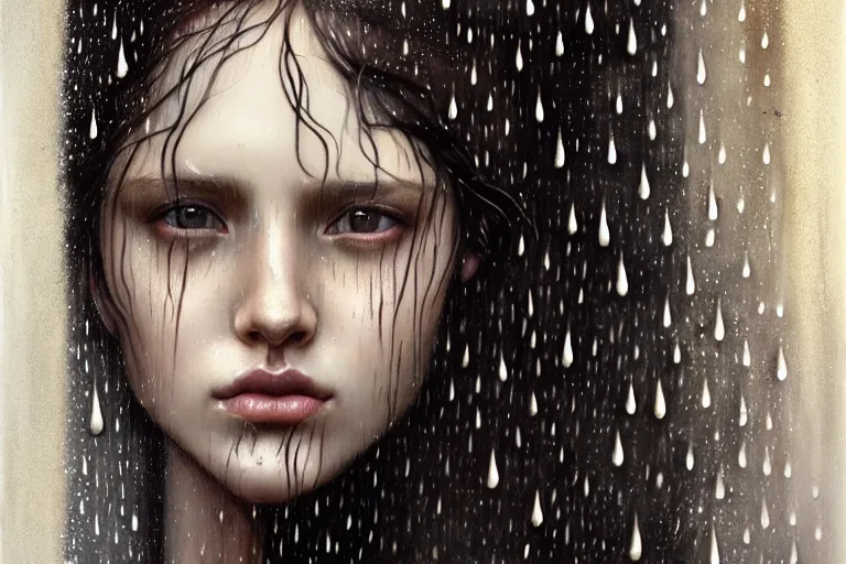 Image similar to portrait of a girl in the rain with wet hair and face, fantasy, intricate, elegant, dramatic lighting, emotionally evoking symbolic metaphor, highly detailed, lifelike, photorealistic, digital painting, artstation, concept art, smooth, sharp focus, illustration, art by John Collier and Albert Aublet and Krenz Cushart and Artem Demura and Alphonse Mucha