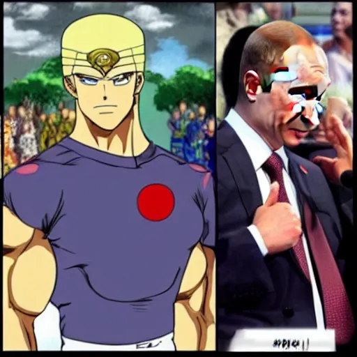 Prompt: putin in jojo bizarre adventure with a fitness muscular body, very anime style