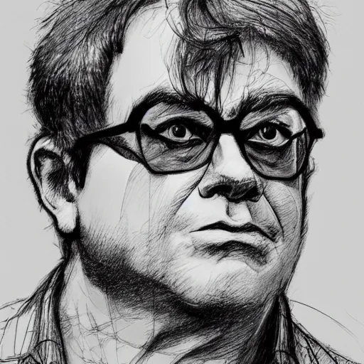 Prompt: a realistic yet scraggly portrait sketch of the side profile of a stern and sophisticated elton john, trending on artstation, intricate details, in the style of frank auerbach, in the style of sergio aragones, in the style of martin ansin, in the style of david aja, in the style of mattias adolfsson