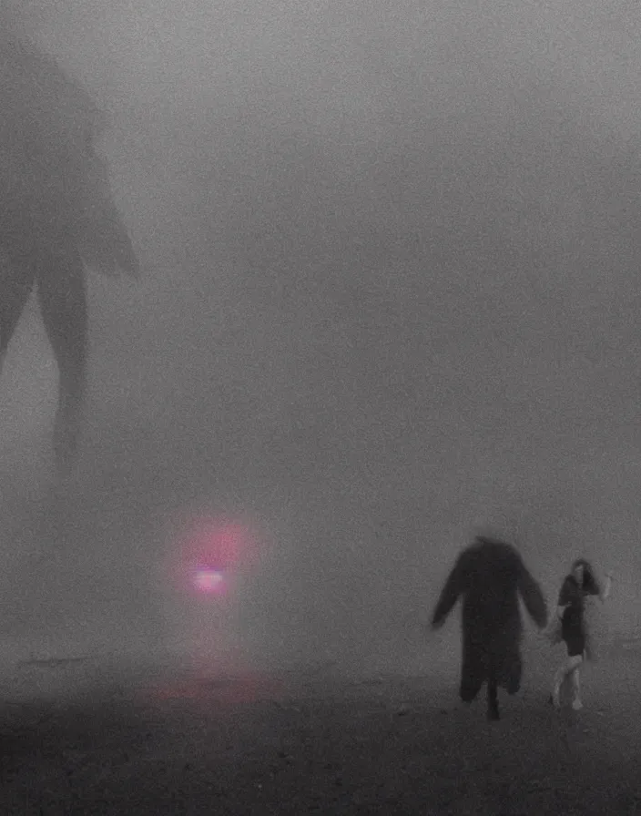 Image similar to very low - resolution found footage of a couple escaping in the city from a starfish kaiju monster, fog, foggy, korean film noir, monochrome, red hue, thriller, underdeveloped, epic, dramatic