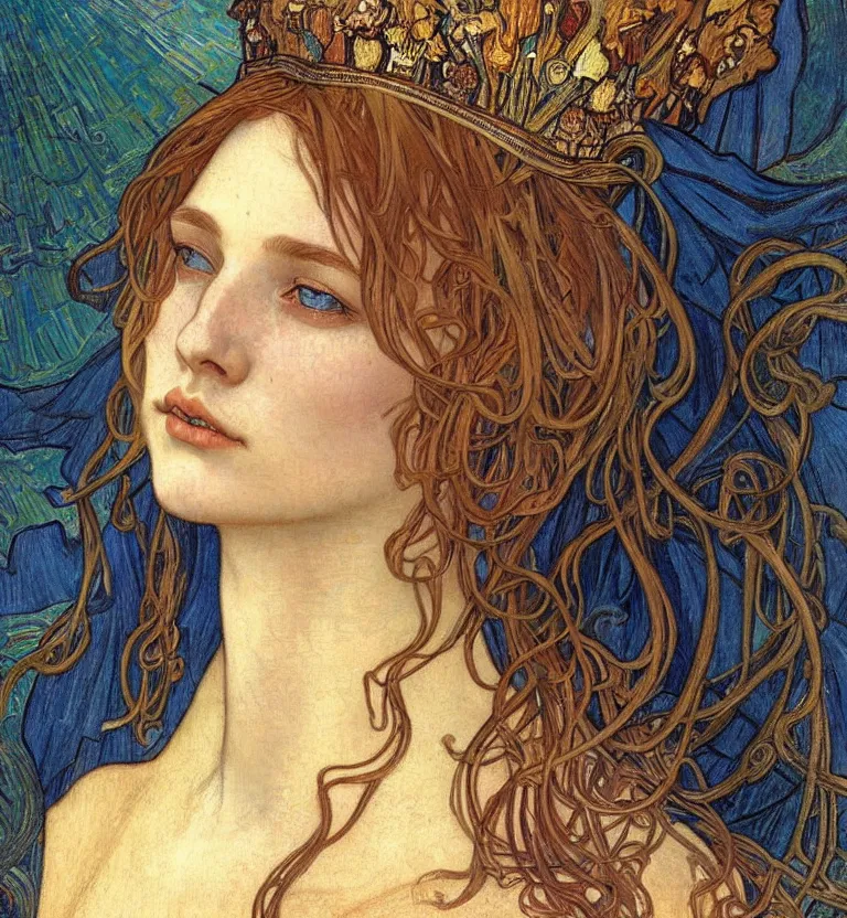 Image similar to detailed realistic beautiful young medieval queen face portrait by jean delville, alphonse mucha, vincent van gogh, and marco mazzoni, art nouveau, symbolist, visionary, gothic, pre - raphaelite