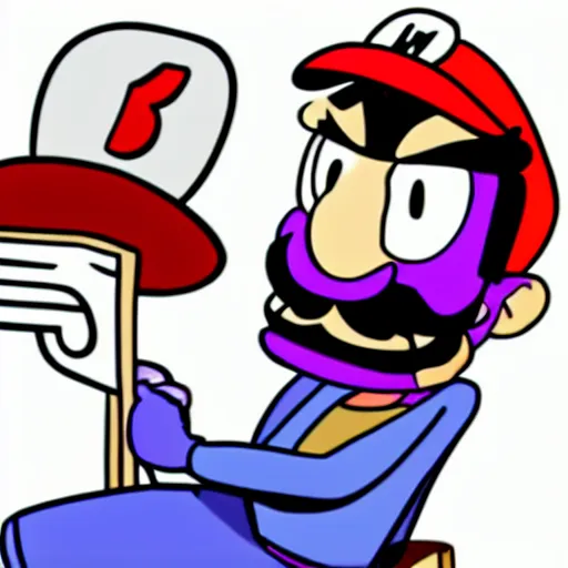 Image similar to waluigi sits alone, sad, contemplating his role in life, looking at a photo of luigi