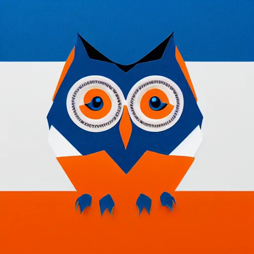 Image similar to logo featuring an owl's head as origami art with piercing white eyes, blue and orange colors, white background, Cut style, detailed