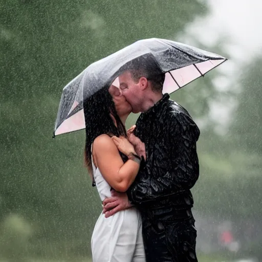 Prompt: an 8 k photo of a couple holding hands while kissing in the rain