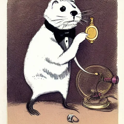 Prompt: a full portrait of a jaunty ferret with a monocle by edward gorey