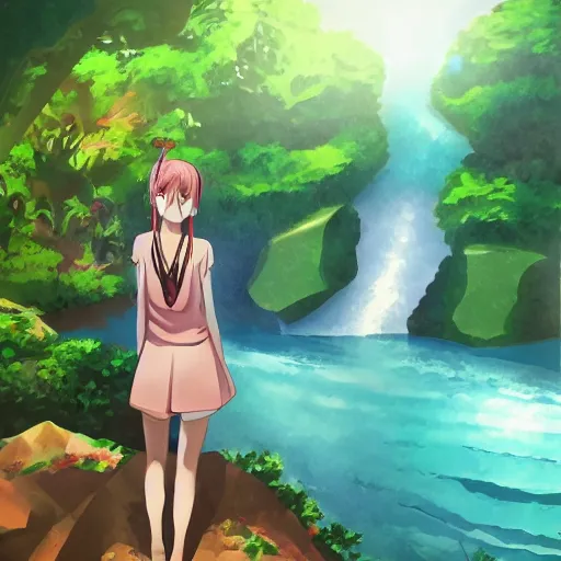 Image similar to Anime girl, anime jungle environment, overlooking a waterfall, minimal, sketch, rough draft