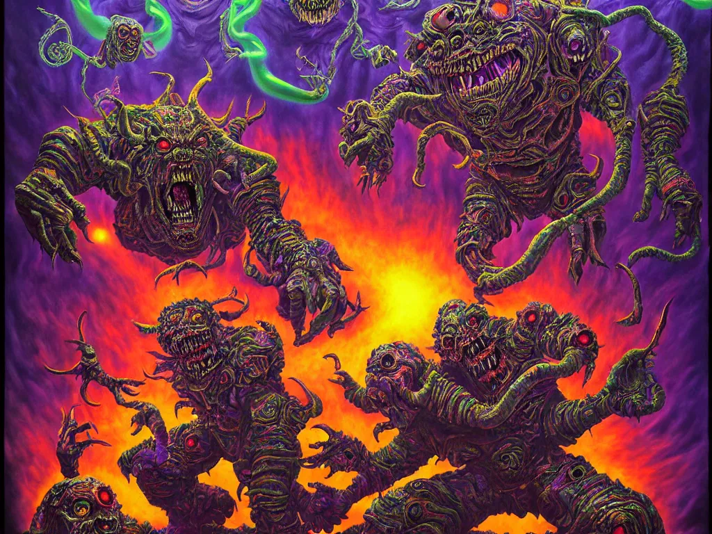 Image similar to a hyperrealistic painting of an epic boss fight against an ornate supreme dark psychic overlord, cinematic horror by chris cunningham, lisa frank, richard corben, highly detailed, vivid color,