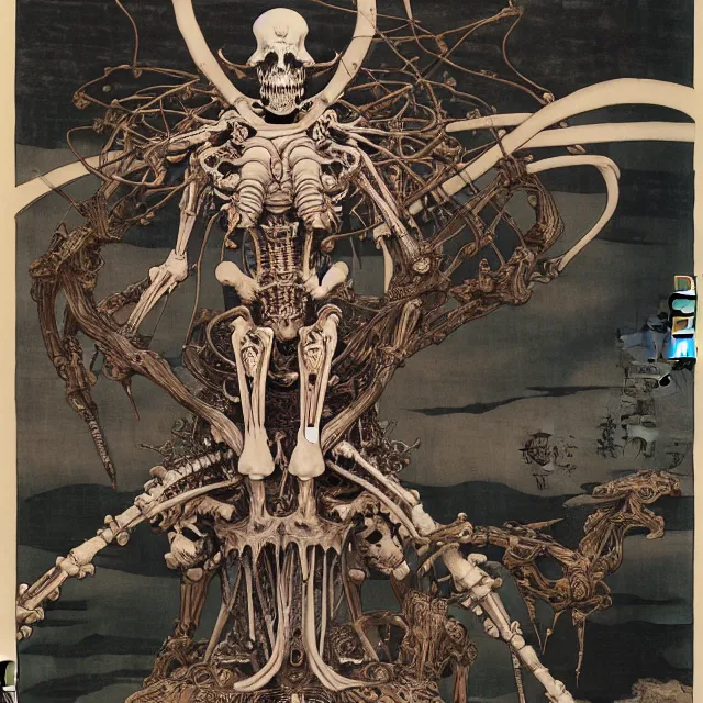 Image similar to still frame from Prometheus by Utagawa Kuniyoshi, Ossiarch Bonereaper ornate bone cyborg god emanating death and power by Wayne Barlowe by peter Mohrbacher by Giger, dressed by Alexander McQueen and by Neri Oxman, metal couture hate couture editorial