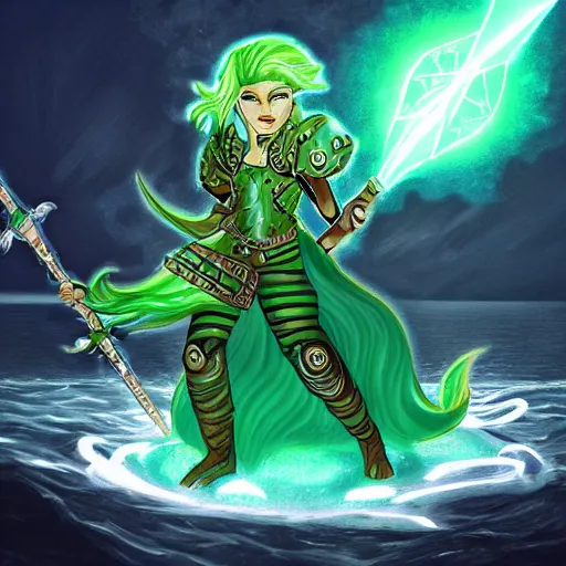 Image similar to a d&d triton with green hair, wielding a staff with a glowing crystal, wearing studded leather armor, male, dungeons and dragons character, standing beside the ocean, digital art