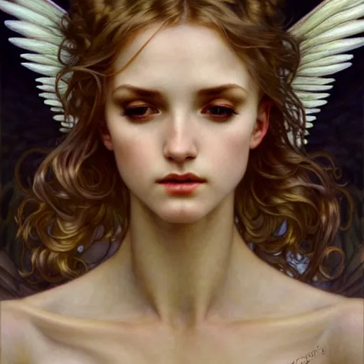 Image similar to Winged girl angel, face, fantasy, intricate, elegant, dramatic lighting, highly detailed, lifelike, photorealistic, digital painting, artstation, concept art, smooth, sharp focus, illustration, art by John Collier and Krenz Cushart and Artem Demura and Alphonse Mucha and and Albert Aublet