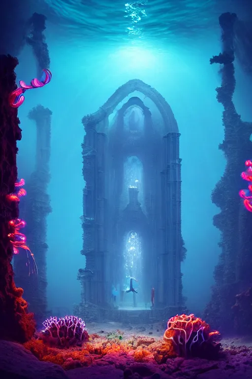 Prompt: high quality photo of cinematic underwater dystopian cyber - gothic cathedral ruins with giant bioluminescent colorful mutant plants and cyborg jellyfish, digital art masterpiece, aykut aydogdu eric zener, dramatic volumetric light, extreme long shot, ground angle uhd 8 k, sharp focus