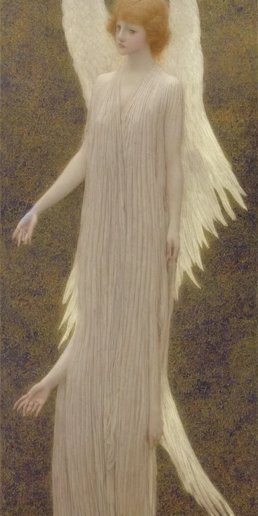 Image similar to Say who is this with silver hair so Wan and thin? Adorable feminine angel in the style of Jean Delville, Lucien Lévy-Dhurmer, Fernand Keller, Fernand Khnopff, oil on canvas, 1921, 4K resolution, aesthetic, mystery