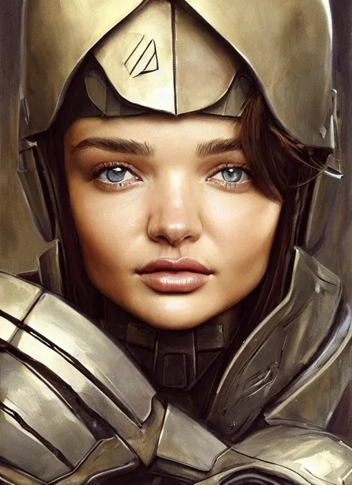 Image similar to a professional painting of a young Miranda Kerr, clothed in military armor, olive skin, long dark hair, beautiful bone structure, symmetrical facial features, intricate, elegant, digital painting, concept art, smooth, sharp focus, illustration, from StarCraft by Ruan Jia and Mandy Jurgens and Artgerm and William-Adolphe Bouguerea