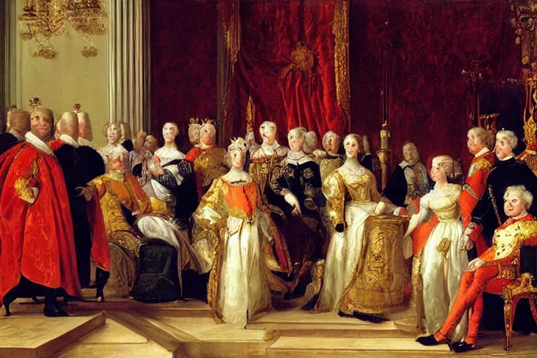 Prompt: the queen of england surrrounded by her court, painting by le nain