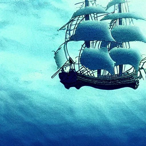 Image similar to ghosts pirate ship underwater by studio ghibli, movie still, below water