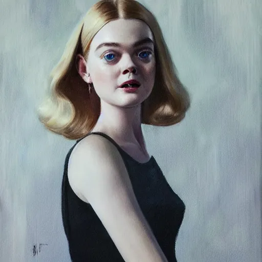 Image similar to ultra realistic portrait painting of elle fanning in mad men, art by frank frazetta, 4 k, ultra realistic, highly detailed, epic lighting