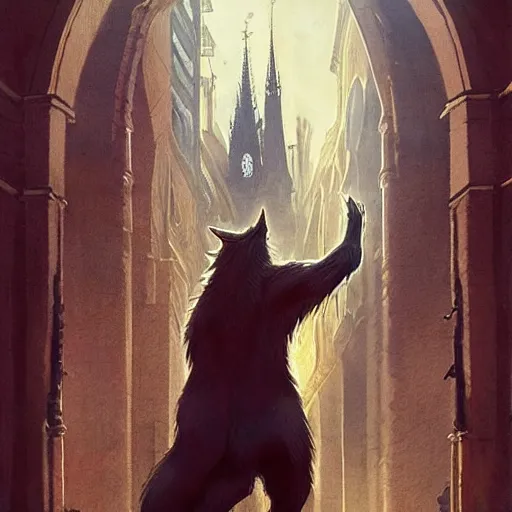 Image similar to werewolf in the city lviv church of st. elizabeth, portrait, highly detailed, full body, digital painting, trending on artstation, concept art, sharp focus, illustration, art by artgerm and greg rutkowski and magali villeneuve