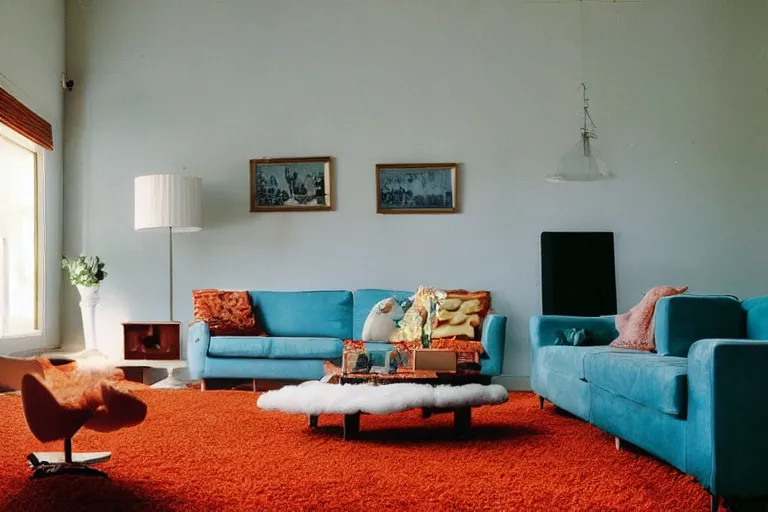Image similar to a cloud hovering in the middle of a retro 1970s living room with shag carpet and vintage decor
