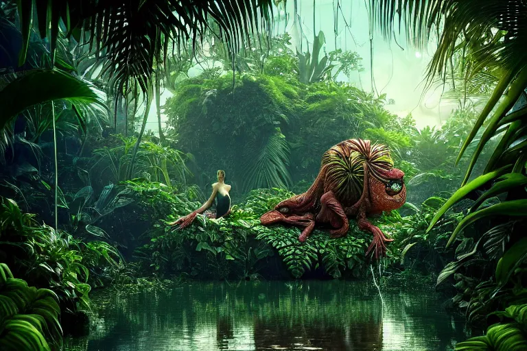 Prompt: creature in a lush tropical vegetation, water reflection, night, backlit : : by michal karcz, daniel merriam, victo ngai and guillermo del toro : : ornate, dynamic, particulate, intricate, elegant, highly detailed, centered, artstation, smooth, sharp focus, octane render, 3 d