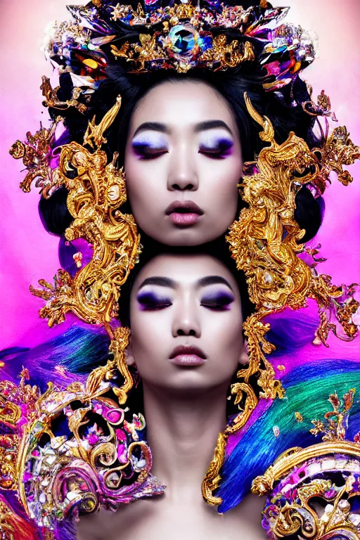 Image similar to a singular beautiful empress dramatic portrait, black hair, with a brilliant, impossible striking shiny big multi colored crystal headpiece, symmetrical, reflective surface, rainbow crystal clothes, rococo, baroque, jewels, asian, realistic, dramatic studio lighting, closeup, D&D, fantasy, intricate, elegant, highly detailed, digital painting, artstation, octane render, 8k, concept art, matte, sharp focus, illustration, art by Artgerm and Greg Rutkowski and Alphonse Mucha