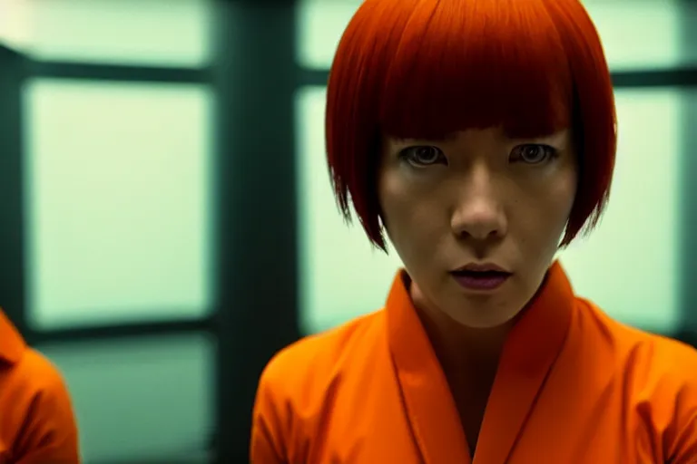 Image similar to major motoko wearing an orange prison jumpsuit hologram of a screaming child to her right, photography by fred palacio medium full shot still from bladerunner 2 0 4 9, sci fi, bladerunner, canon eos r 3, f / 3, iso 2 0 0, 1 / 1 6 0 s, 8 k, raw, unedited