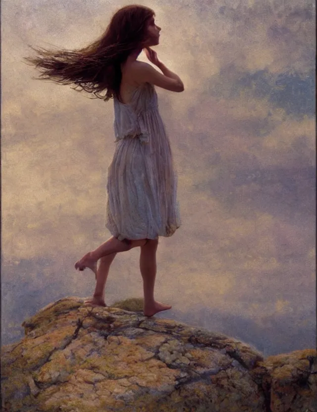 Image similar to peasant barefoot girl with blowing hair standing on the edge of rock, cottage core, cinematic focus, polaroid photo bleached vintage pastel colors high - key lighting, soft lights, foggy, by steve hanks, by lisa yuskavage, by serov valentin, by tarkovsky, 8 k render, detailed, oil on canvas